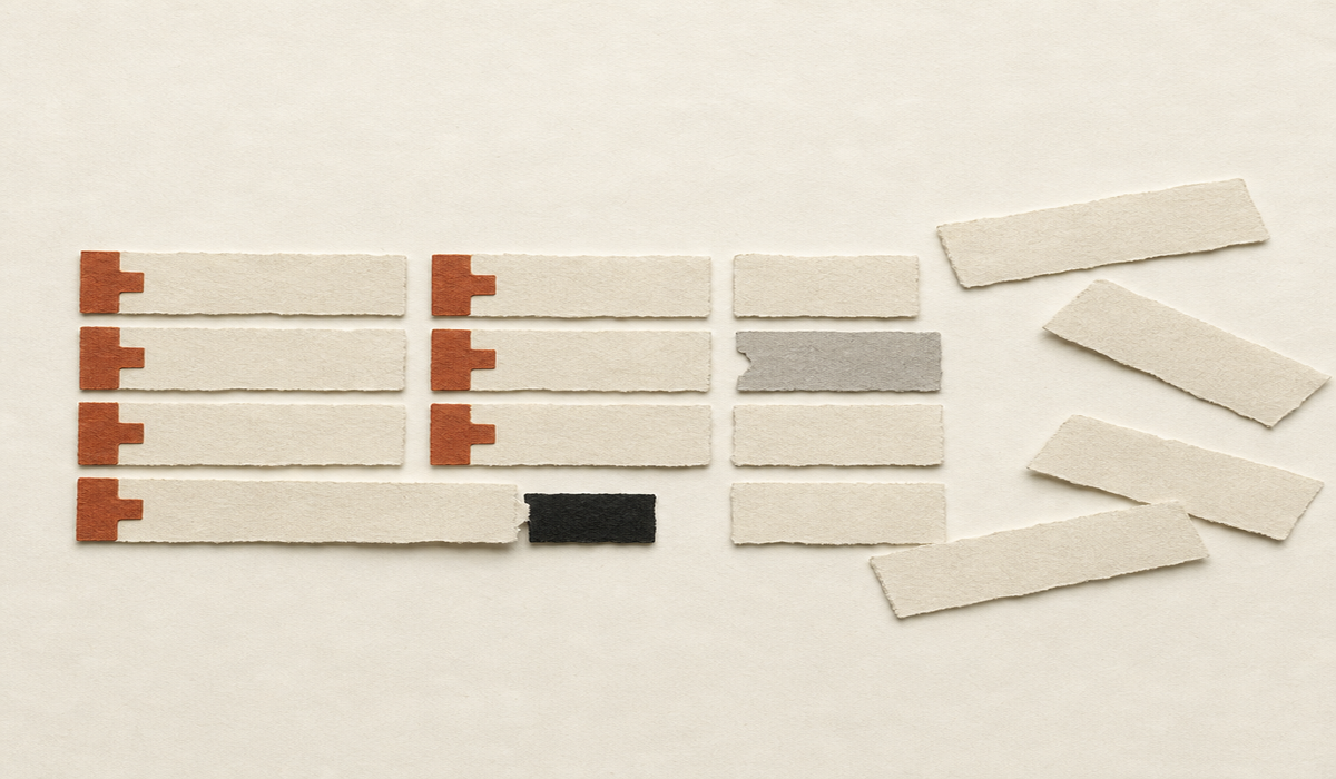 Cut-paper collage of neatly aligned cream strips marked with terracotta notches, with a few unmarked strips drifting out of line.
