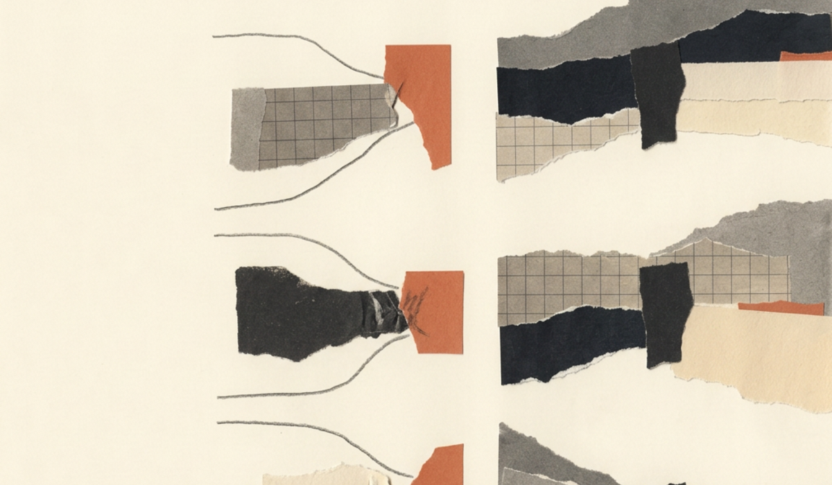 Abstract cut-paper system repeating the same failure beside a single human figure.
