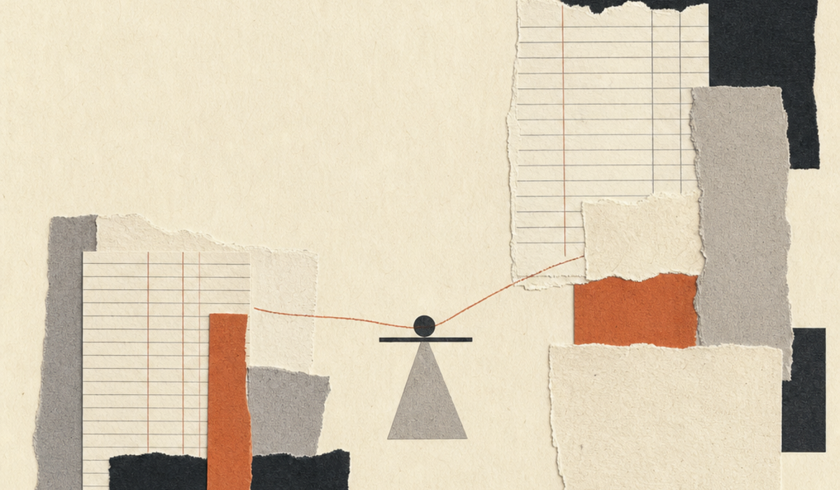 Abstract cut-paper collage of two mismatched budgets balancing toward an agreement.