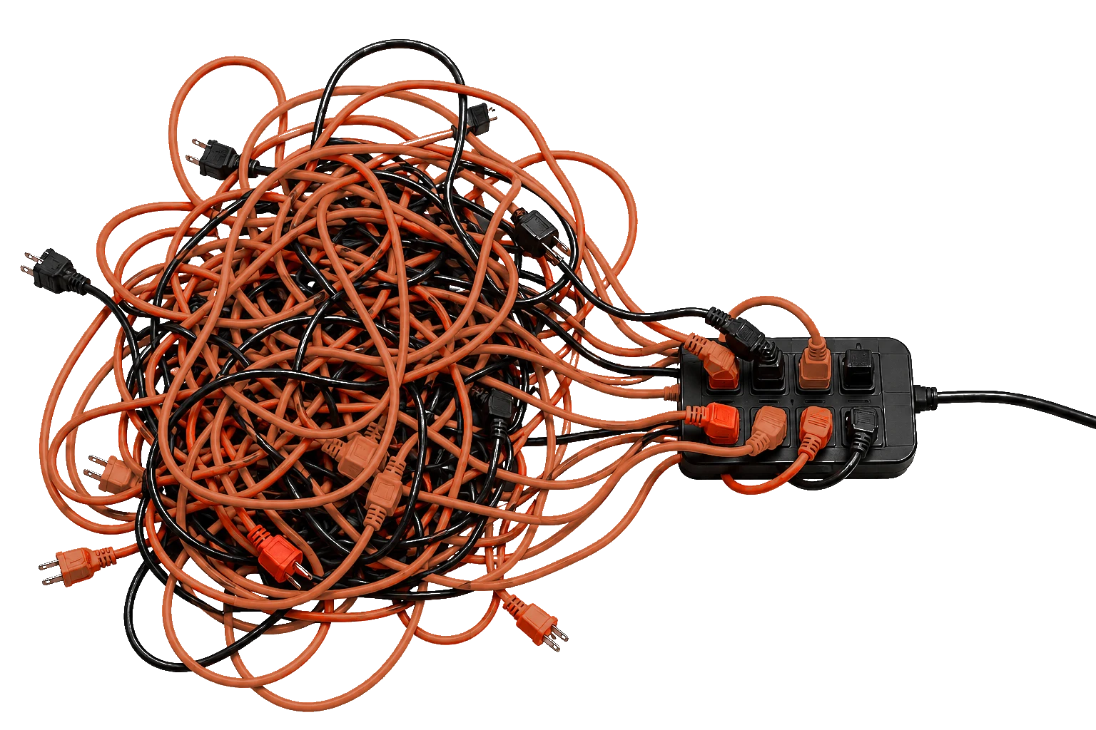 A tangle of extension cords resolving into a single organized power strip