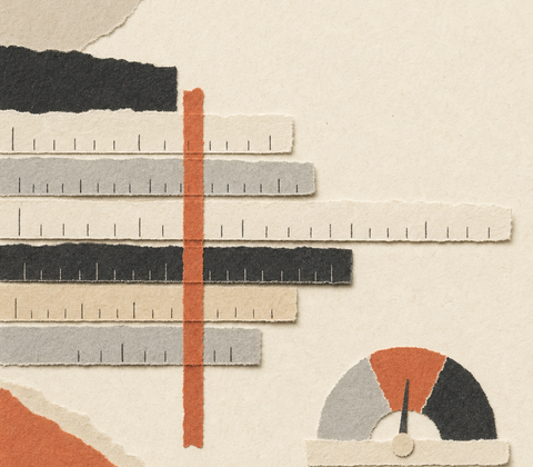 Abstract cut-paper measuring strips aligned to a terracotta benchmark