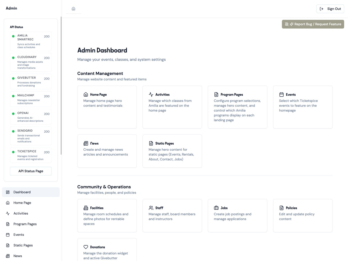 Park Avenue Community Center admin dashboard