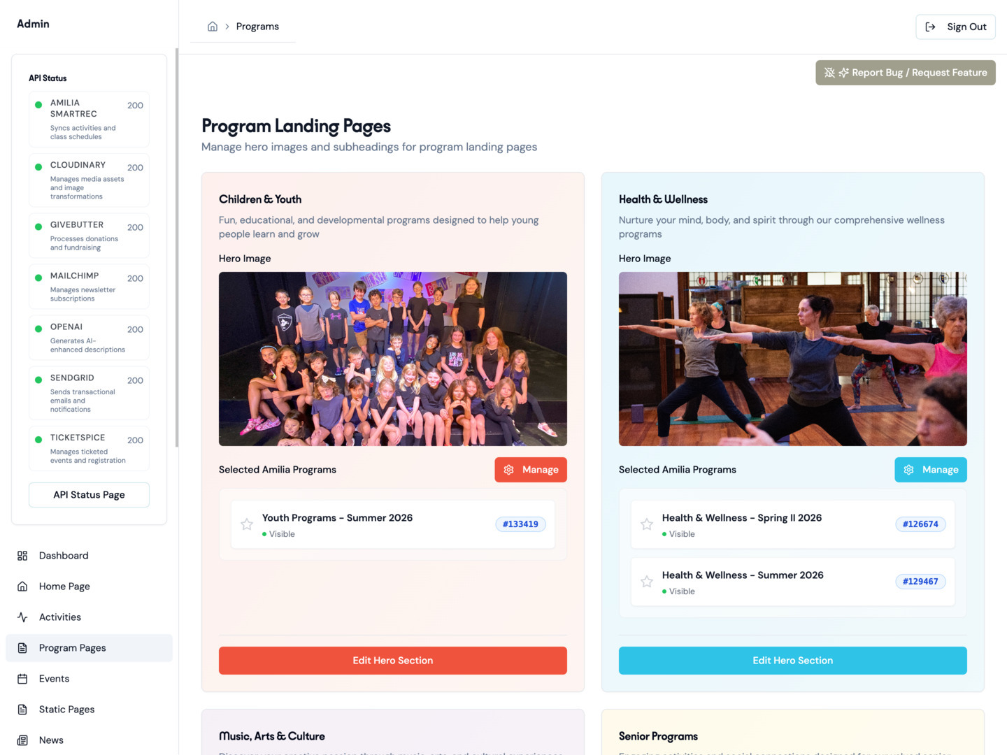 Park Avenue Community Center admin program landing pages screen
