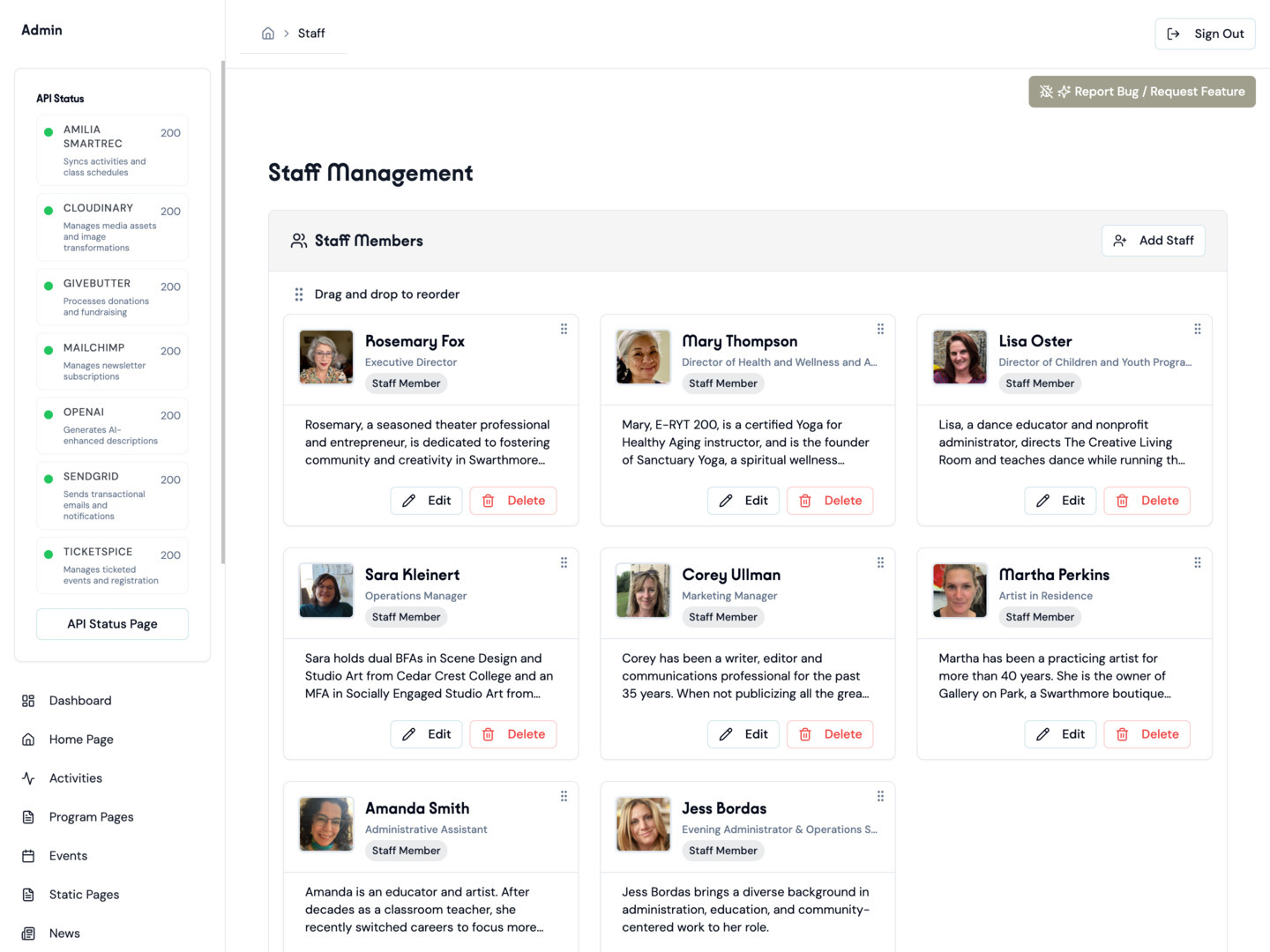 Park Avenue Community Center admin staff management screen