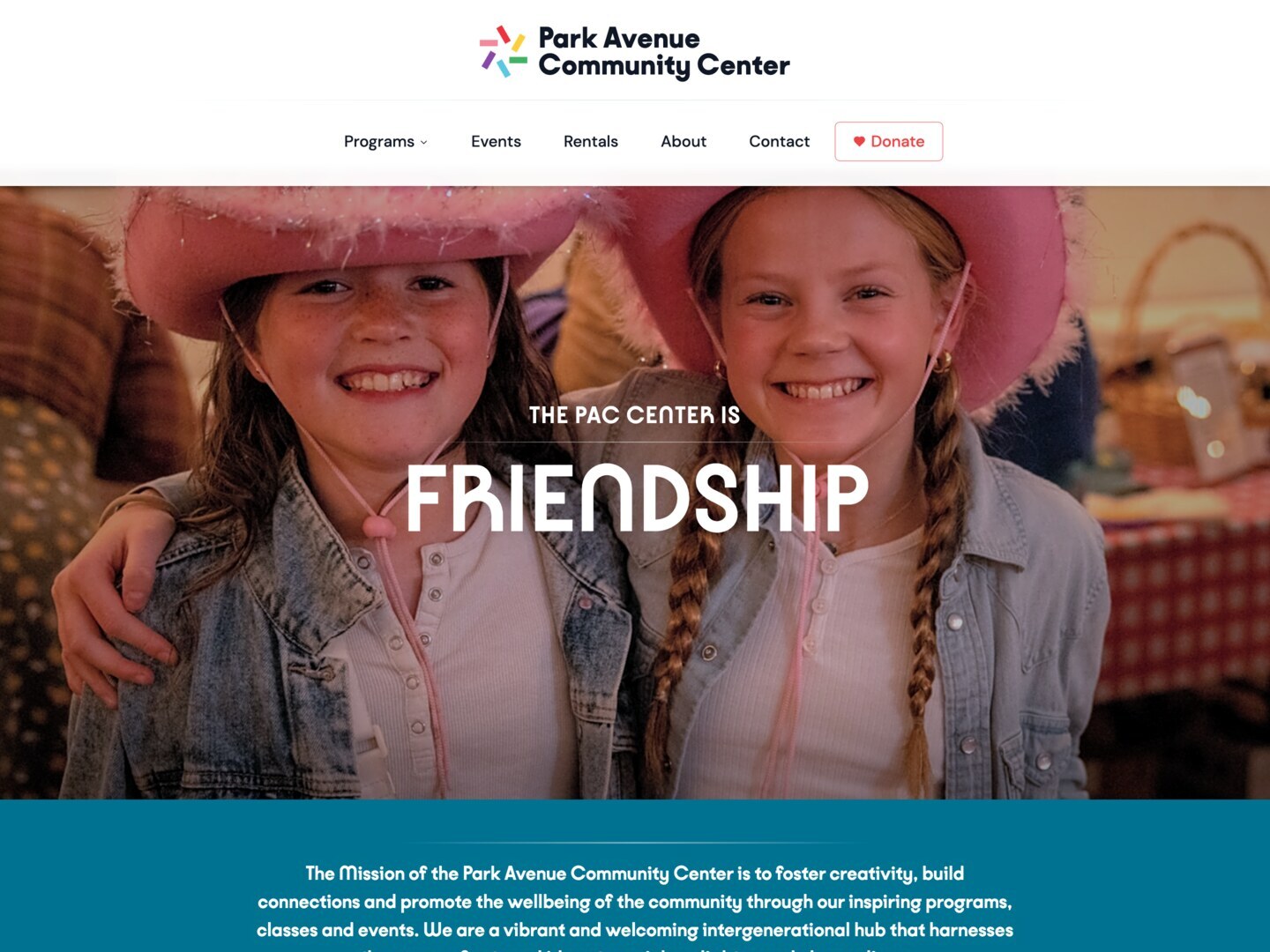 Park Avenue Community Center homepage hero with the tagline "The PAC Center is Friendship"
