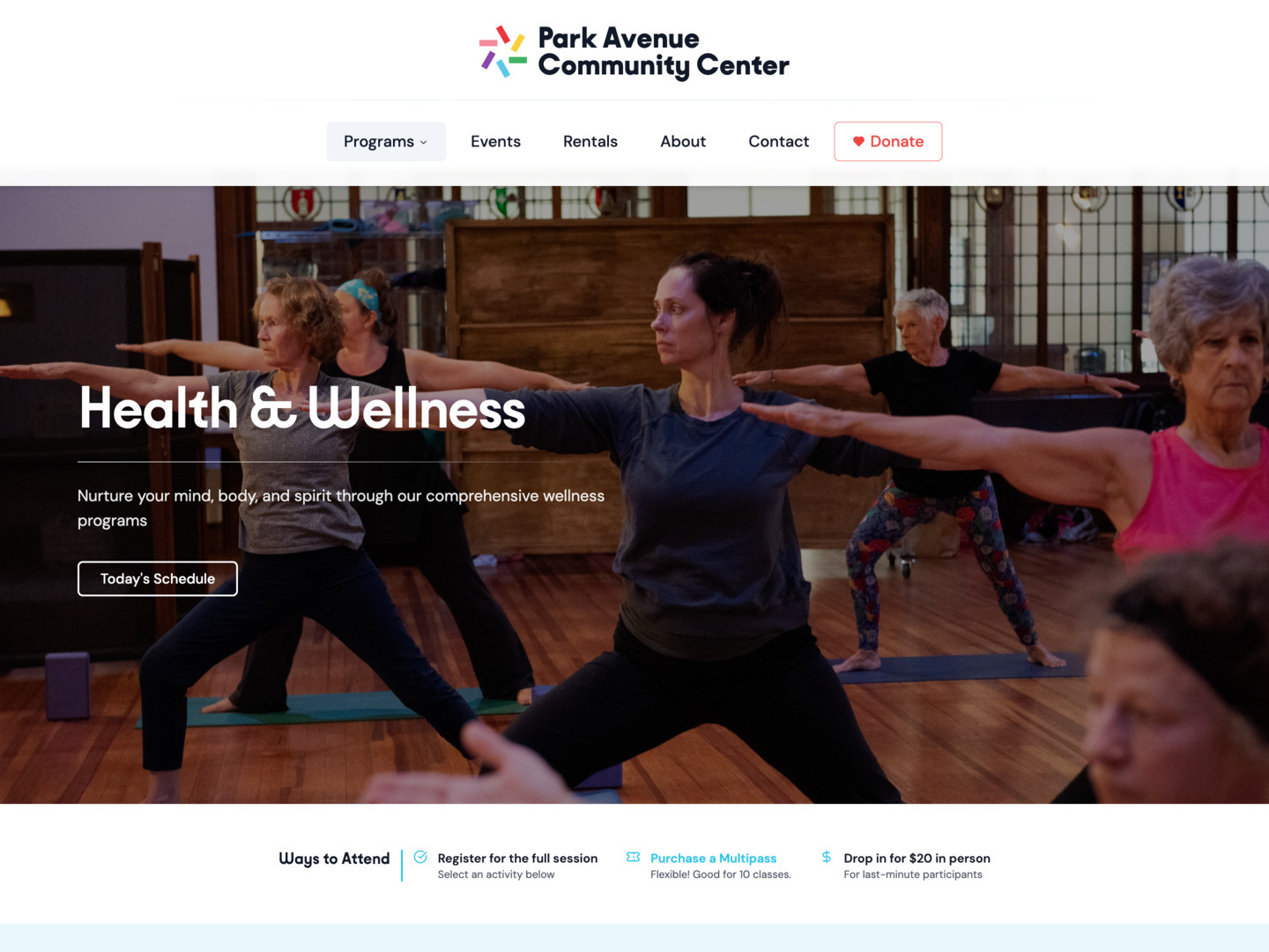 Park Avenue Community Center Health & Wellness program landing page